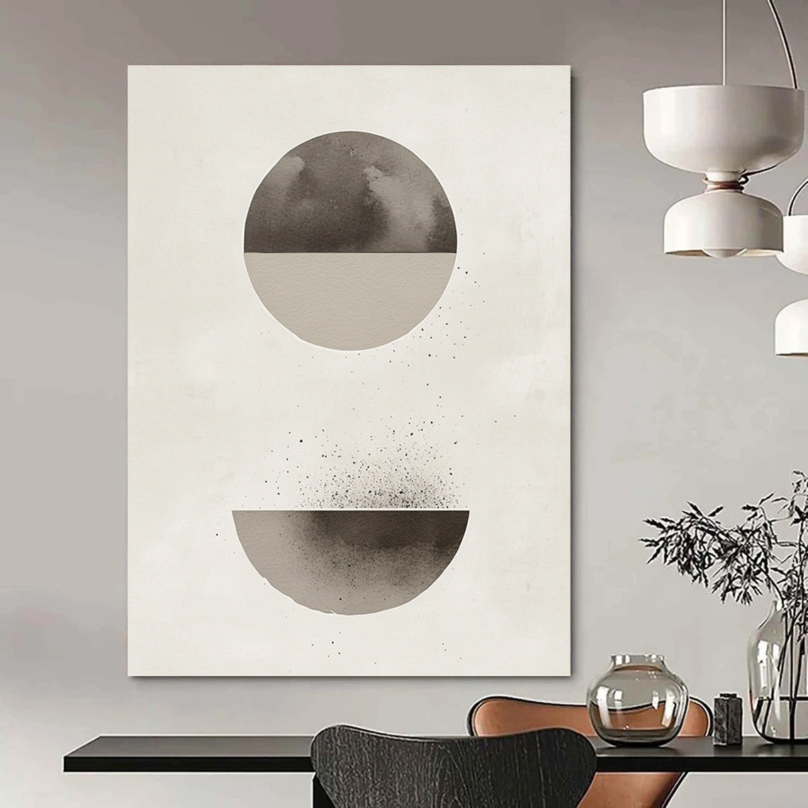 Contemporary abstract artwork features a minimalist Japandi design with muted gray and beige tones and harmonious circle and half-circle shapes. DLZ1346