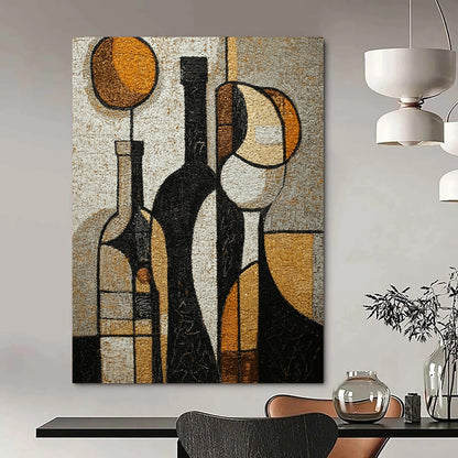 Contemporary hand-painted abstract artwork featuring textured wine bottles and glasses in rich tones of black brown white beige grey and gold. DLZ1427