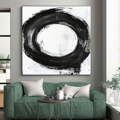 Black, White, Refined Circular Stroke "Pure Enso" Abstract Minimalist Painting On Canvas HB045