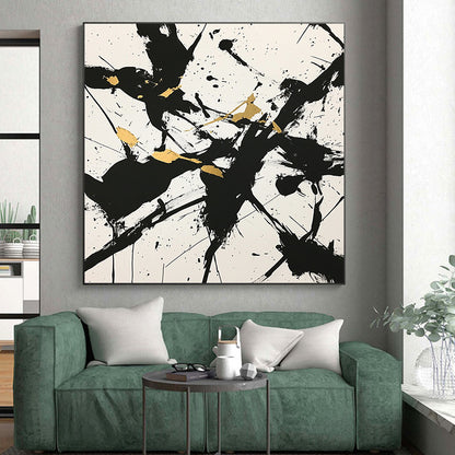 White, Black, Gold, Splattered Shapes "Golden Chaos" Abstract Expressionist Painting On Canvas HB077