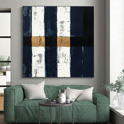 Navy, White, Gold, Black, Vertical Stripes "Nautical Gilded Stripes" Abstract Coastal - Inspired Painting On Canvas HB153