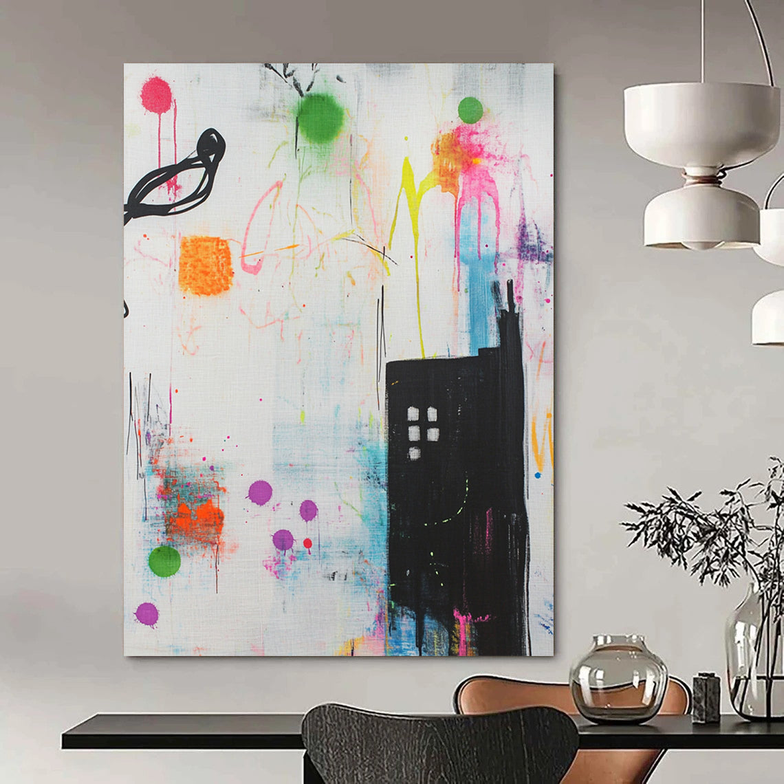 Contemporary hand-painted abstract artwork features vibrant shapes lines and urban building designs enriched with graffiti splashes creating a dynamic and playful atmosphere. DLZ1515