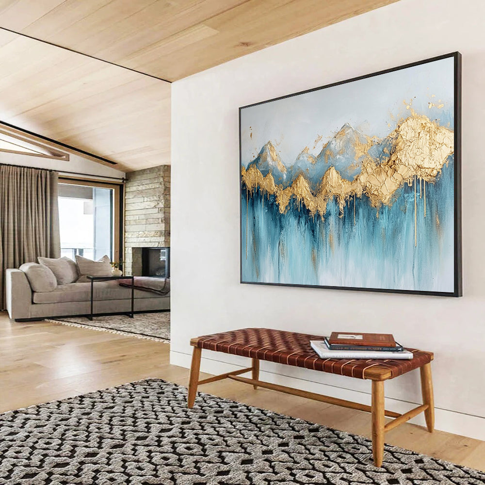 “Gilded Peaks Cascade” - Blue, Gold, White, Textured Mountain & Waterfall Scenes Painting On Canvas HB1020