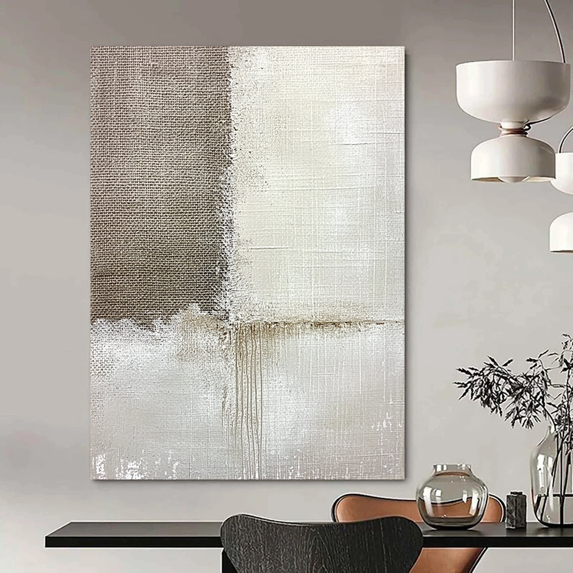 Contemporary hand-painted abstract artwork featuring textured linen and subtle paint streaks set against a soft grayish-white background for added depth. DLZ1171