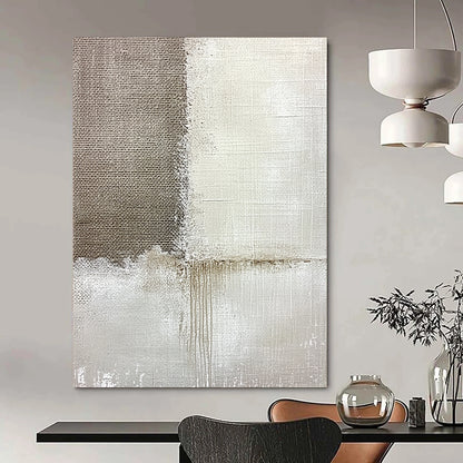 Contemporary hand-painted abstract artwork featuring textured linen and subtle paint streaks set against a soft grayish-white background for added depth. DLZ1171