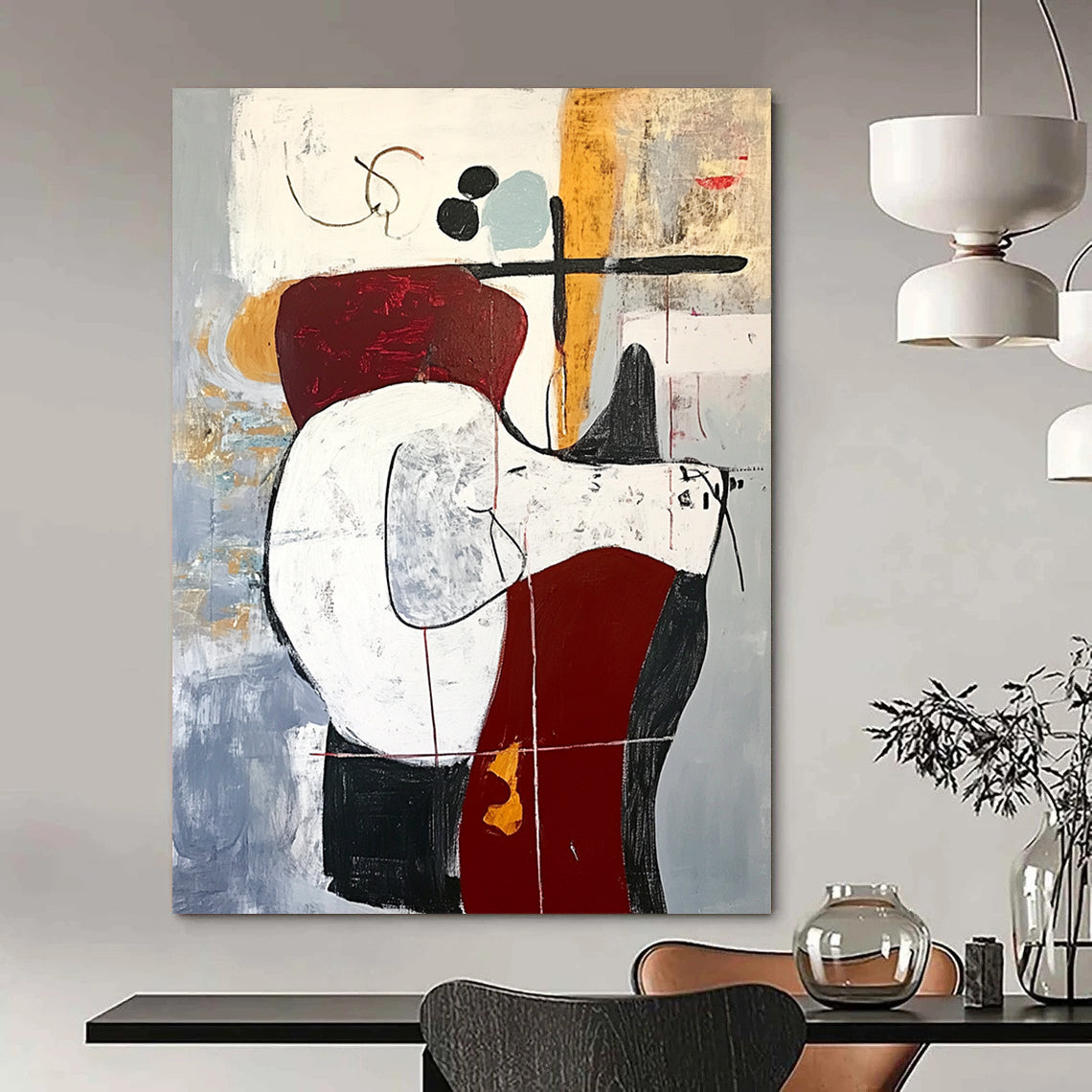 Contemporary abstract artwork featuring an animal on a chair in red and white tones with black lines on a gray background in oil on canvas. DLZ1012