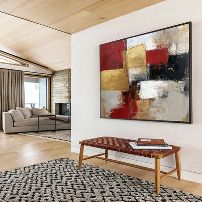 “Gilded Geometry” - Red, Gold, Gray, Textured Squares - Modernist Acrylic Painting with Gold Accents HB1541
