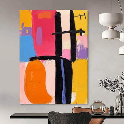 Bold contemporary abstract artwork featuring vibrant pink orange yellow blue black and purple shapes inspired by Frank Kline's dynamic style. DLZ0931