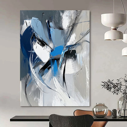 Large contemporary hand-painted abstract art featuring dynamic white gray and blue shapes with bold brushstrokes and a vibrant urban energy. DLZ1008