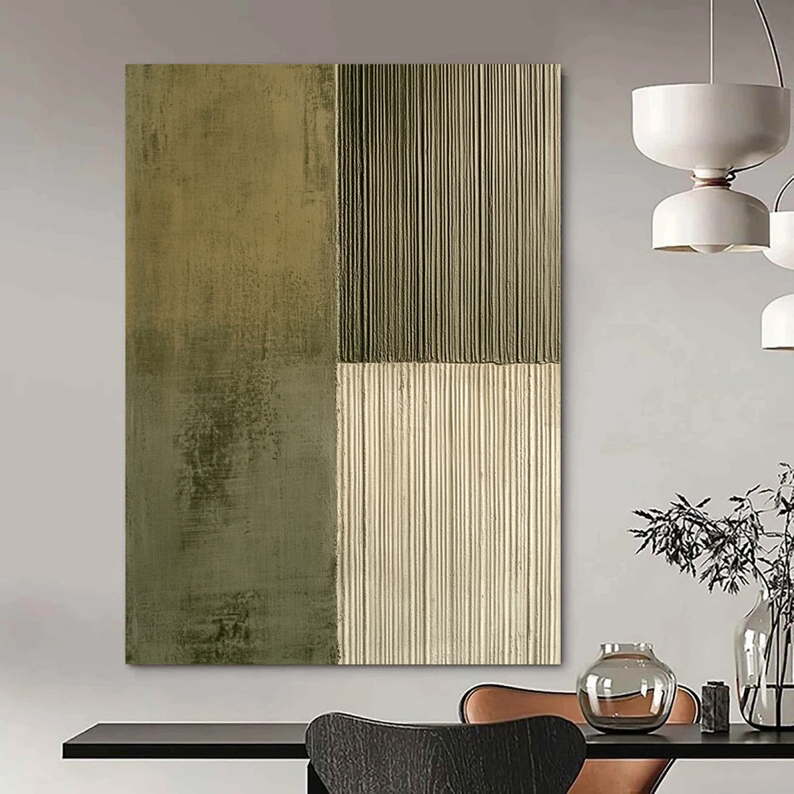 Contemporary hand-painted abstract artwork featuring contrasting smooth concrete and textured olive green lines, enhancing visual depth and intrigue. DLZ1490