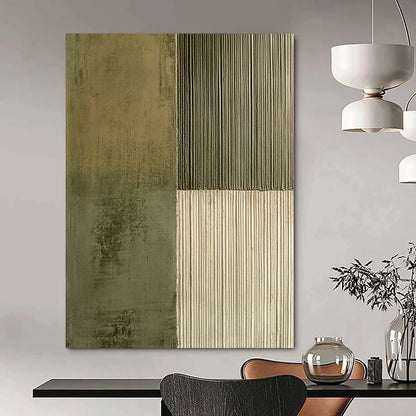 Contemporary hand-painted abstract artwork featuring contrasting smooth concrete and textured olive green lines, enhancing visual depth and intrigue. DLZ1490