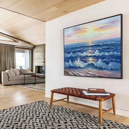 Sunset Sea Wave Oil Painting - Coastal Living Room or Bedroom Art DLZ218
