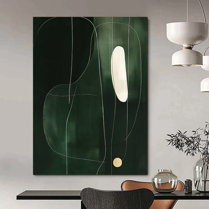 Contemporary abstract art featuring minimalist shapes on dark green, accented by a thin white line and a single light yellow circle. DLZ1606