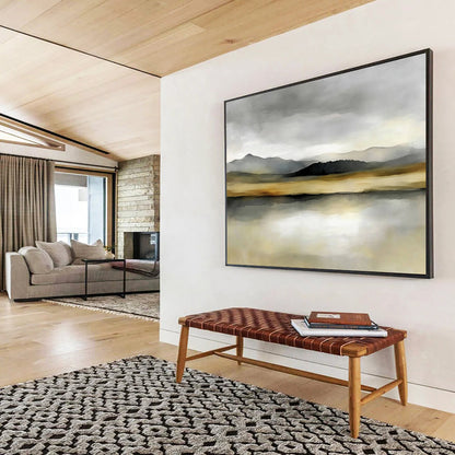 “Misty Mountain Lake” - Gray, Beige, Green, Layered Mountains and Reflective Lake Painting On Canvas HB0916