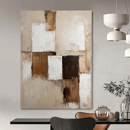 Contemporary abstract painting with beige and white tones and brown accents on textured canvas creates a perfect neutral wall accent. DLZ0289