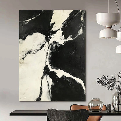 Contemporary hand-painted abstract art showcasing a striking black-and-white aerial view of high-contrast marble patterns. DLZ1138