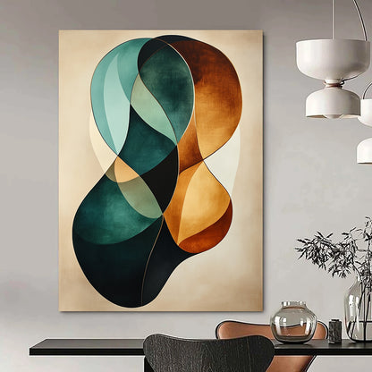 Abstract artwork features graceful teal and brown curves on a beige background with a gold border and a soft canvas texture. DLZ0737