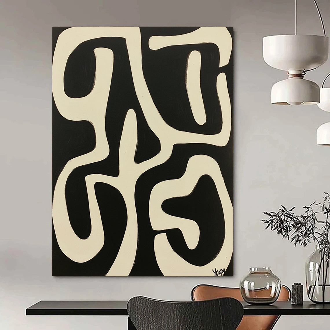 Vibrant contemporary abstract art featuring "Yoga" in bold white against a striking black background inspired by Peter Max and Victor Vasarely. DLZ1710