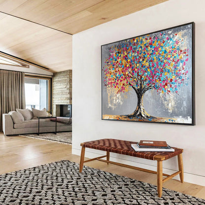 “Rainbow Leaf Tree” - Gray background, vibrant leaves, textured trunk, Abstract Tree Painting On Canvas HB0591