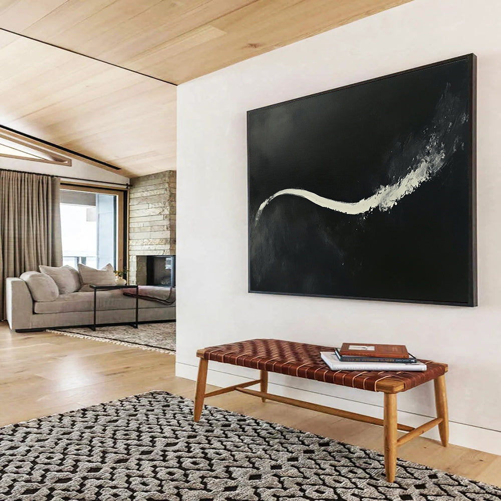 “White Stream on Black” - Bold white, deep black, Abstract Expressionist Painting On Canvas HB0608