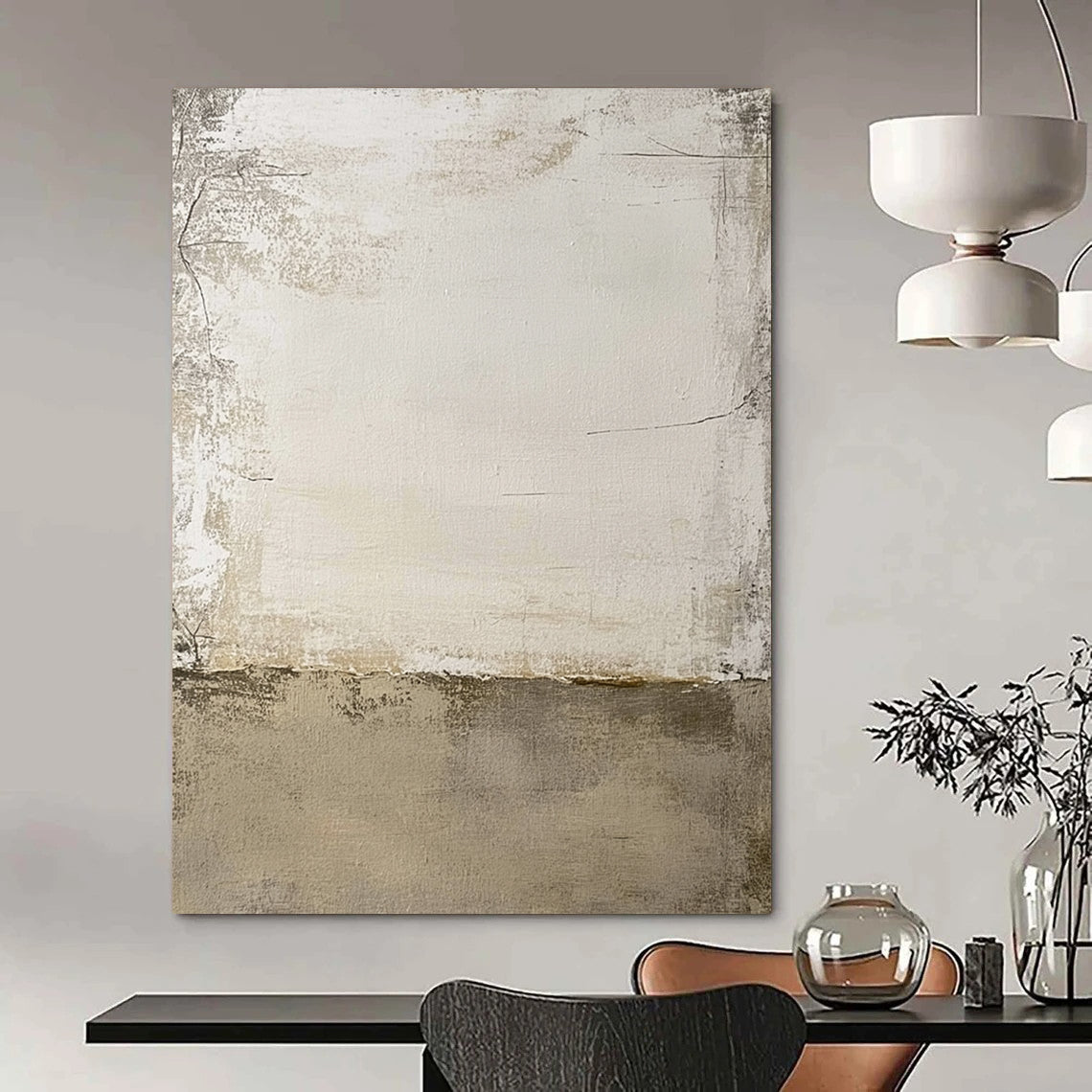 Contemporary hand-painted abstract art featuring textured beige and white tones with a rugged design and a central light gray area for versatility. DLZ1174