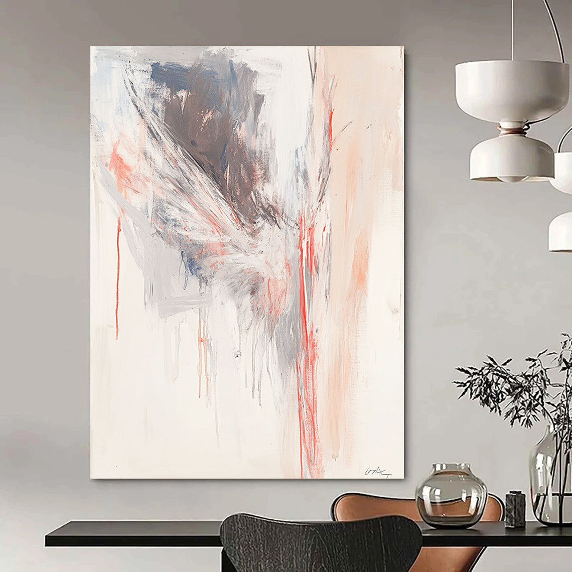 Contemporary abstract painting featuring soft red lines forming an angelian shape against a light gray and white background. DLZ0865