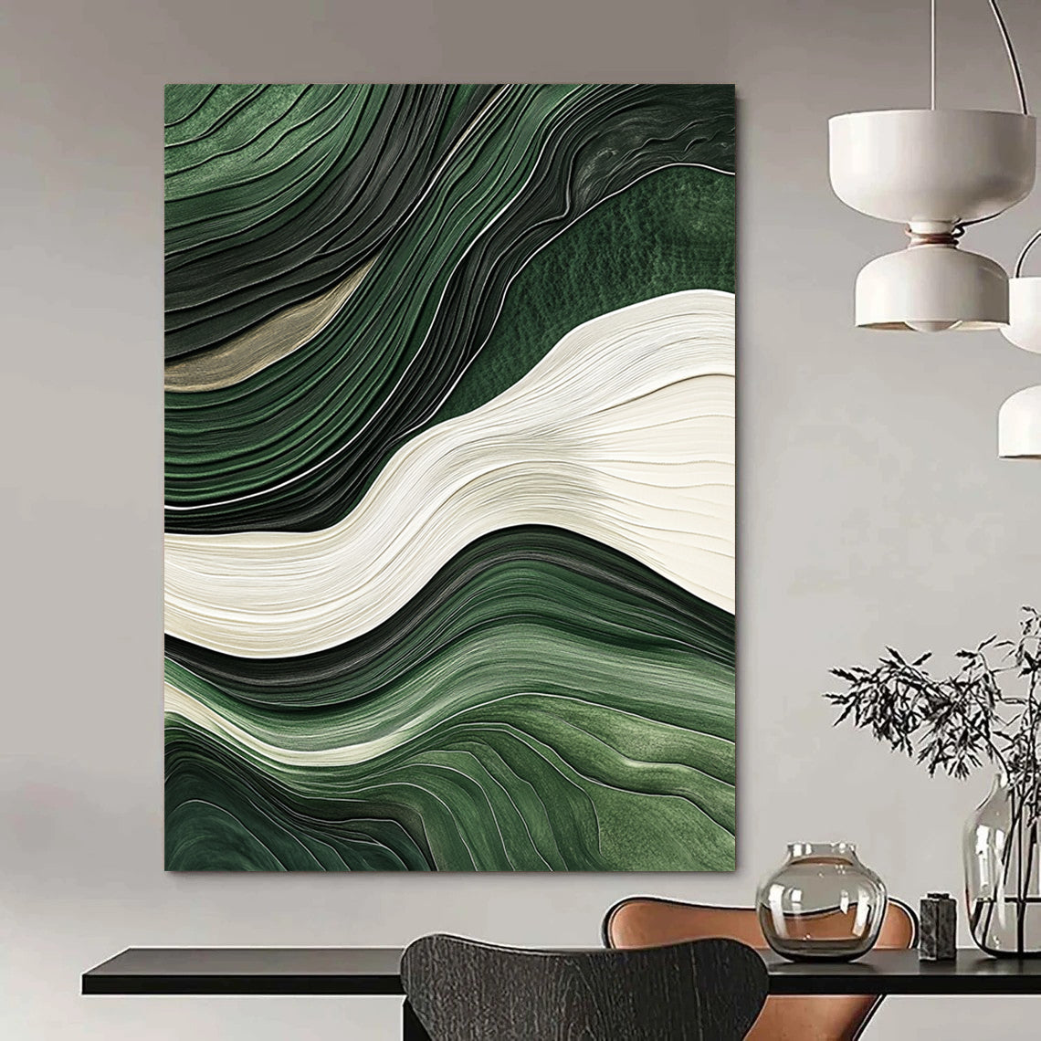 Contemporary hand-painted abstract art with flowing green and white lines, jade texture, and relief effect on a dark background, showcasing elegance and cultural heritage. DLZ0277