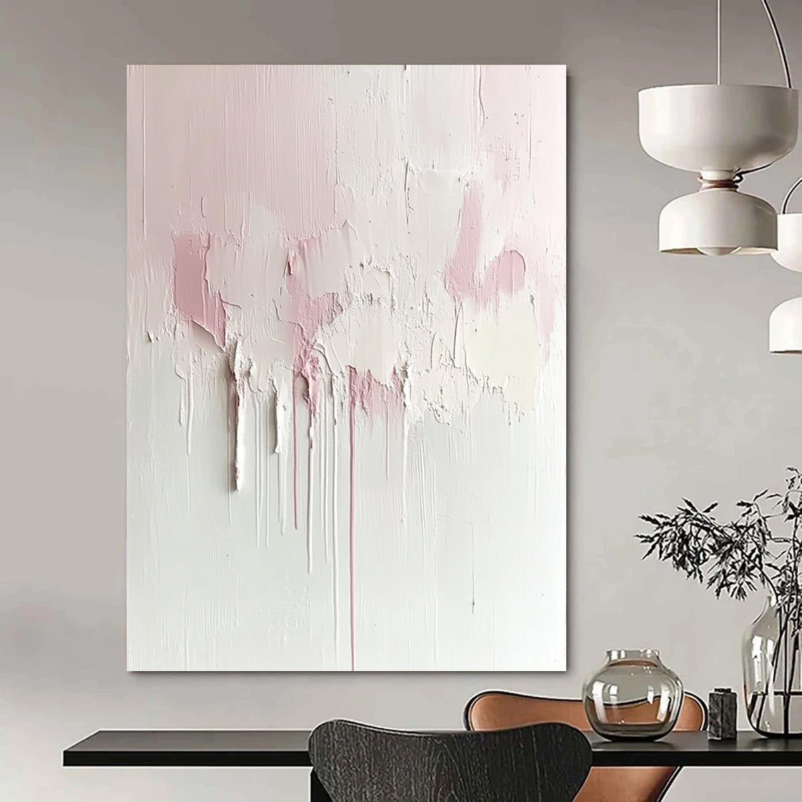 Contemporary abstract painting featuring soft pink and cream hues on a textured white canvas, minimalist design with dreamy aesthetic and large negative space. DLZ0690