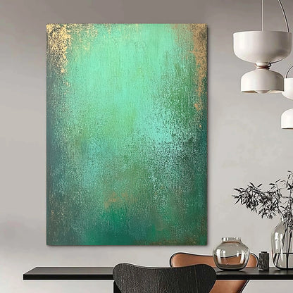 Contemporary hand-painted abstract art features an emerald green gradient with textured layers of seafoam and hints of shimmering gold for depth. DLZ1293