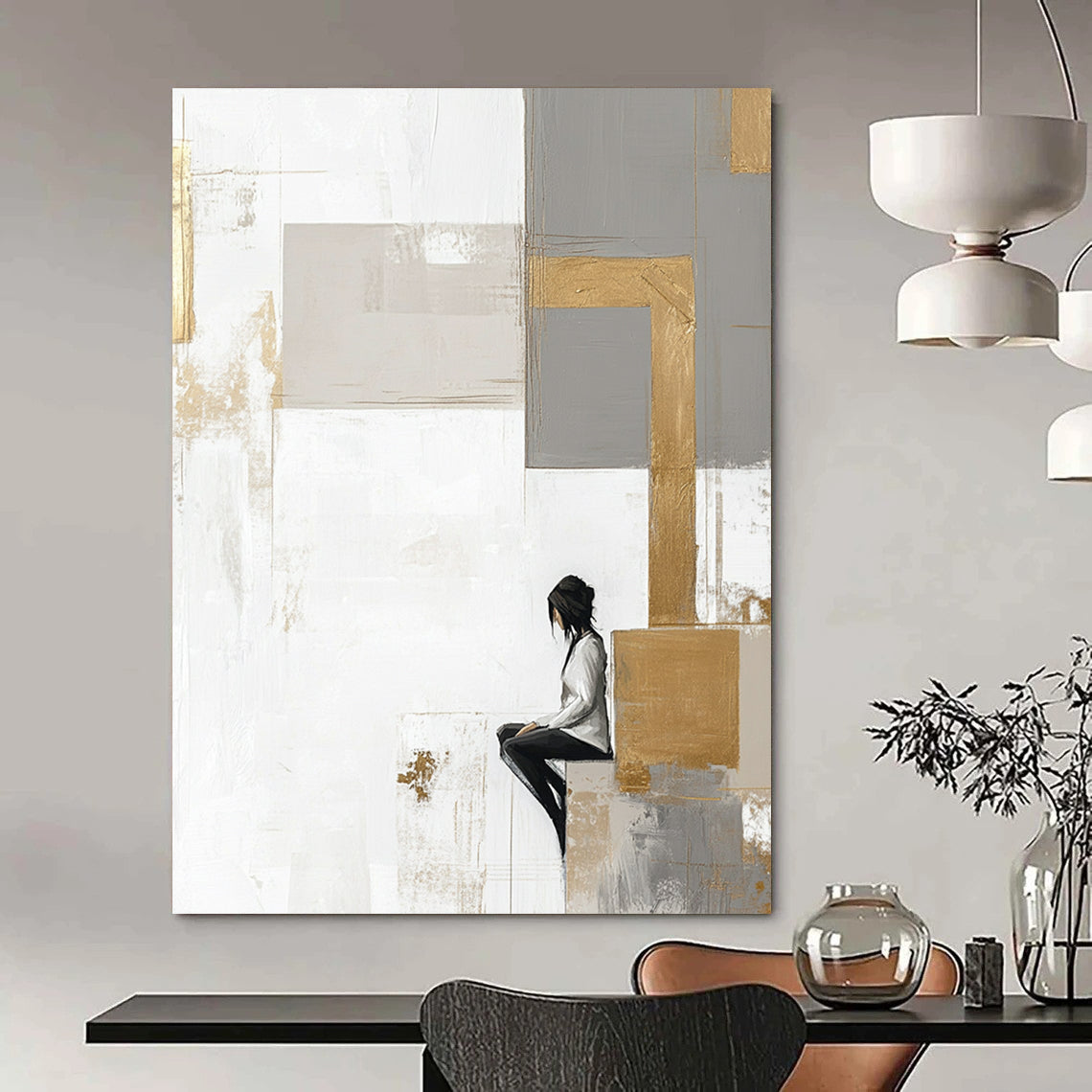 Contemporary abstract artwork features large neutral squares with gold accents on a white backdrop complemented by pale gray and beige elements. DLZ0626