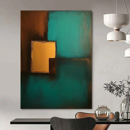 Contemporary hand-painted abstract art featuring teal and brown colors with simple shapes and low contrast for a soothing aesthetic. DLZ1065