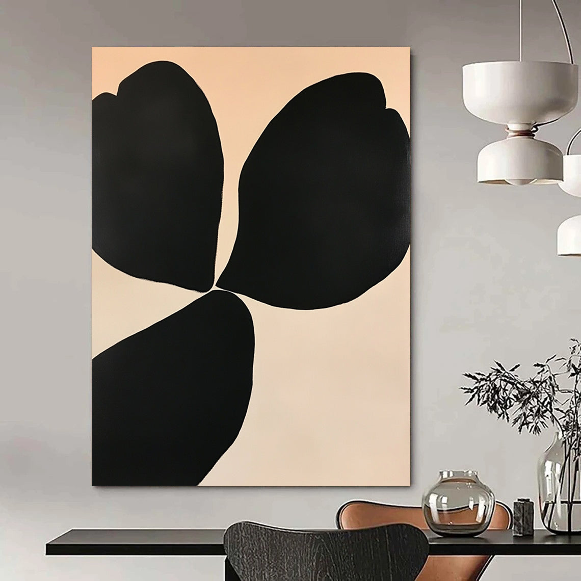 Large contemporary abstract painting featuring elegant floral shapes in black and white on an off-white background with subtle color gradients for depth. DLZ1339