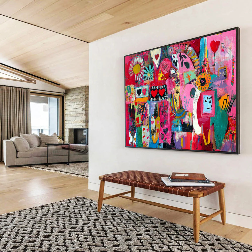 “Pink Collage Abstract” - Pink, Red, Colorful Shapes, Hearts, Flowers, Mixed Patterns - Painting On Canvas HB1444