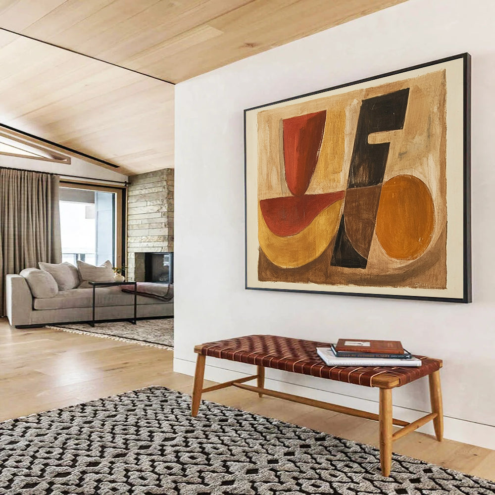 “Geometric Shapes in Earth Tones” - Red, black, yellow, brown, Abstract Geometric Painting HB0631
