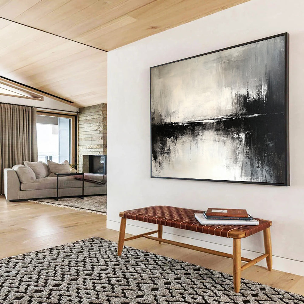 “Abstract Black - White Water Reflection” - Black, White, Reflective Textures Painting On Canvas HB0798