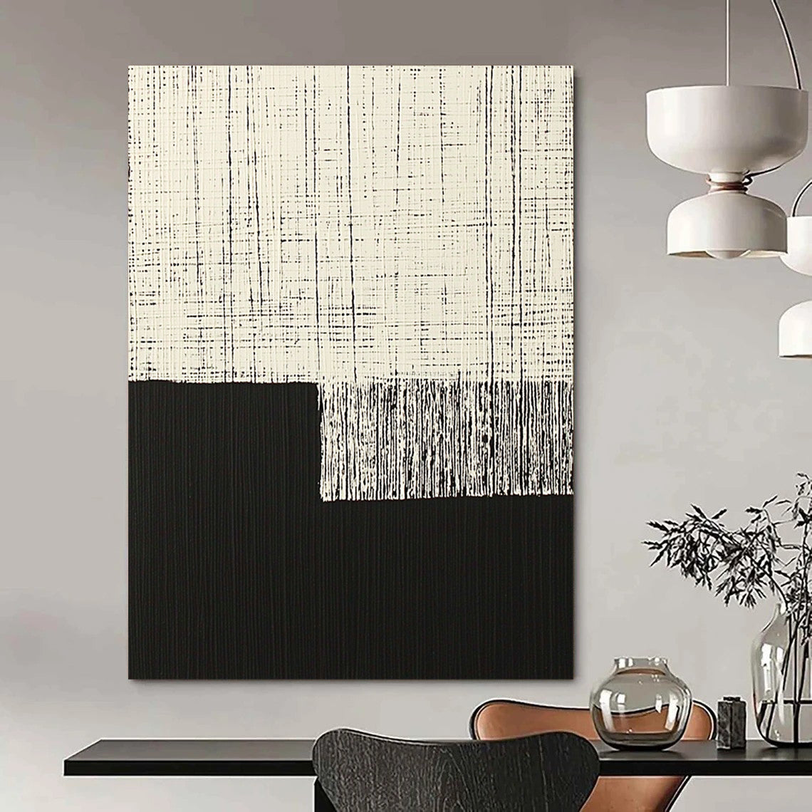Contemporary hand-painted abstract art featuring minimalist black and white vertical lines on a dark background with a floating cloth element. DLZ1605