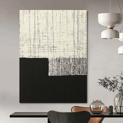 Contemporary hand-painted abstract art featuring minimalist black and white vertical lines on a dark background with a floating cloth element. DLZ1605