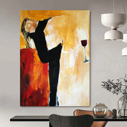 Contemporary abstract artwork depicting a woman on a sofa with expressive lines and warm tones showcasing emotional depth and pensive stillness. DLZ0973