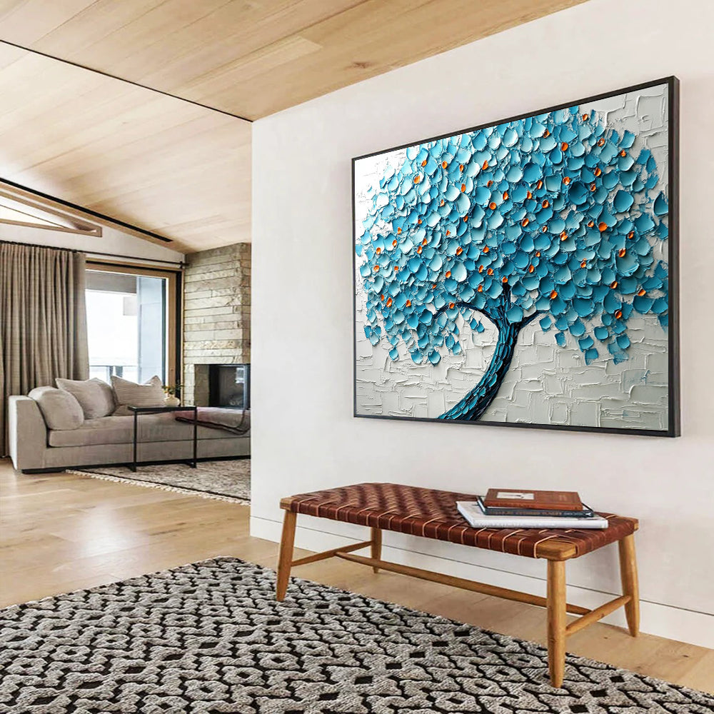 Blue, Orange and White Textured Tree "Vibrant Canopy" Painting On Canvas HB0424