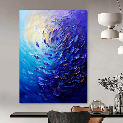 Contemporary abstract painting showcases swirling ocean colors with vibrant purple and blue fish, creating dynamic movement and deep atmospheric perspective. DLZ1096