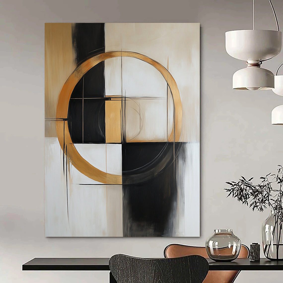 Contemporary hand-painted abstract art featuring shapes and lines in beige, white, black, grey, and gold with a prominent central circle. DLZ0893