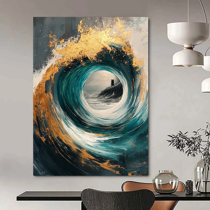 Contemporary abstract painting with gold and teal swirls, magical windows, on a textured gray canvas, perfect for modern decor. DLZ0370