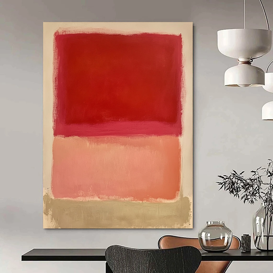Large contemporary hand-painted abstract art featuring a red square pink rectangle and peach shape on a white background. Soft edges and flat appearance. DLZ1387