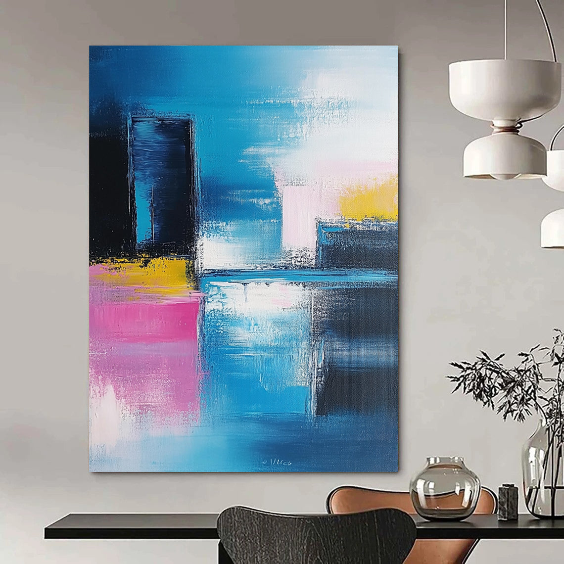 Modern abstract artwork features vibrant blue and pink brushstrokes, showcasing a contemporary cityscape against a soft sky and serene sea. DLZ0348