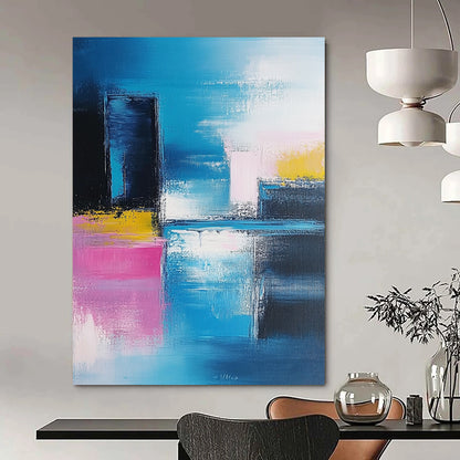 Modern abstract artwork features vibrant blue and pink brushstrokes, showcasing a contemporary cityscape against a soft sky and serene sea. DLZ0348