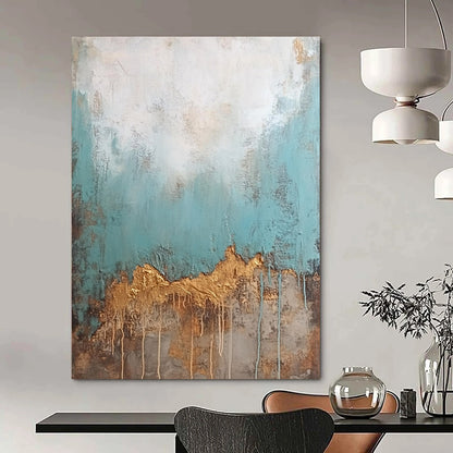 Contemporary hand-painted abstract art featuring an old textured wall with peeling teal and brown paint contrasted by a clean white top with golden drips. DLZ0905