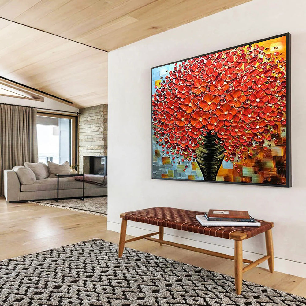 Textured Red Flower Tree - Striking Living Room or Dining Room Decor DLZ226