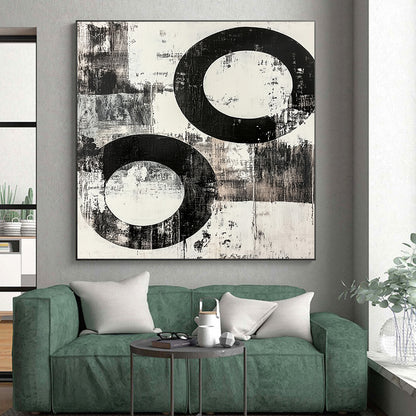 Black and White Textured Circles "Rough Harmony" Painting On Canvas HB258