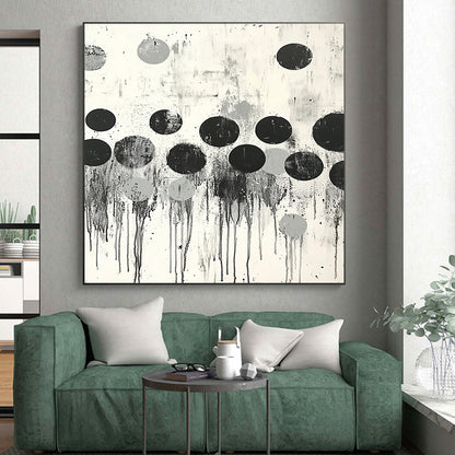 Black, Gray & White Dripping Dots - “Urban Raindrop Rhythm” Painting On Canvas HB191