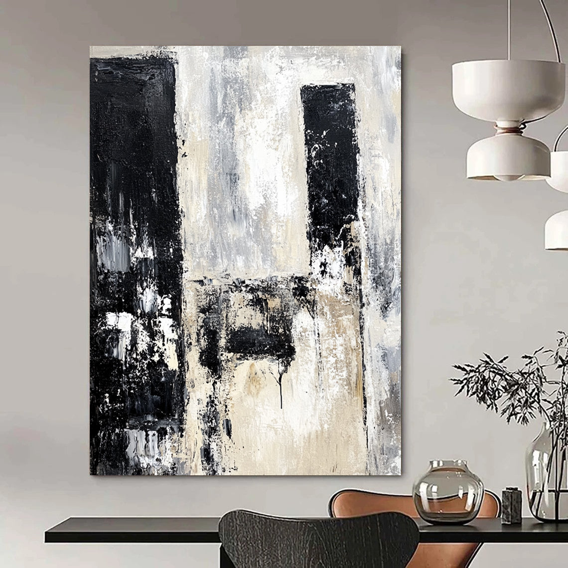 Contemporary hand-painted abstract artwork depicting urban ruins in black and white with neutral tones using vintage oil paint. DLZ0665